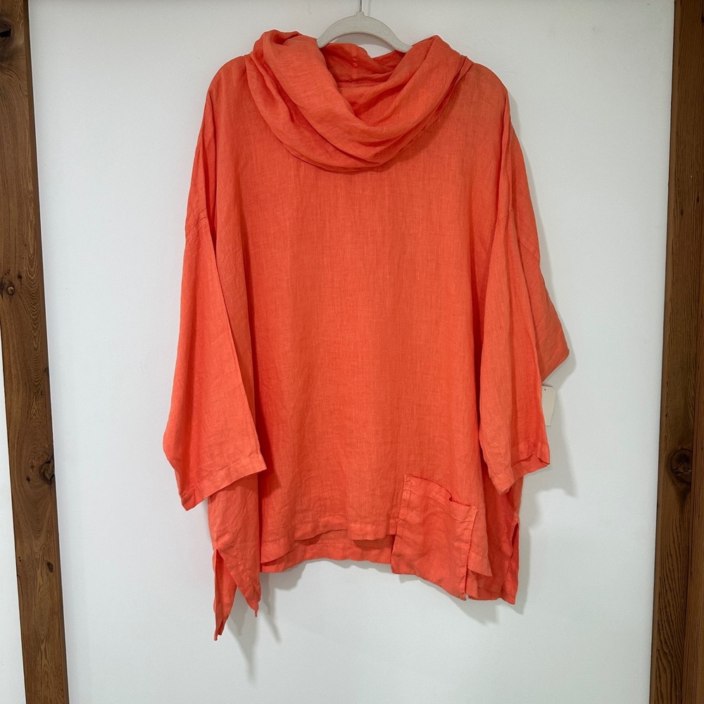 La Fixsun 100% Linen Cowl Neck Top Women Large Coral Orange Lagenlook USA Boho